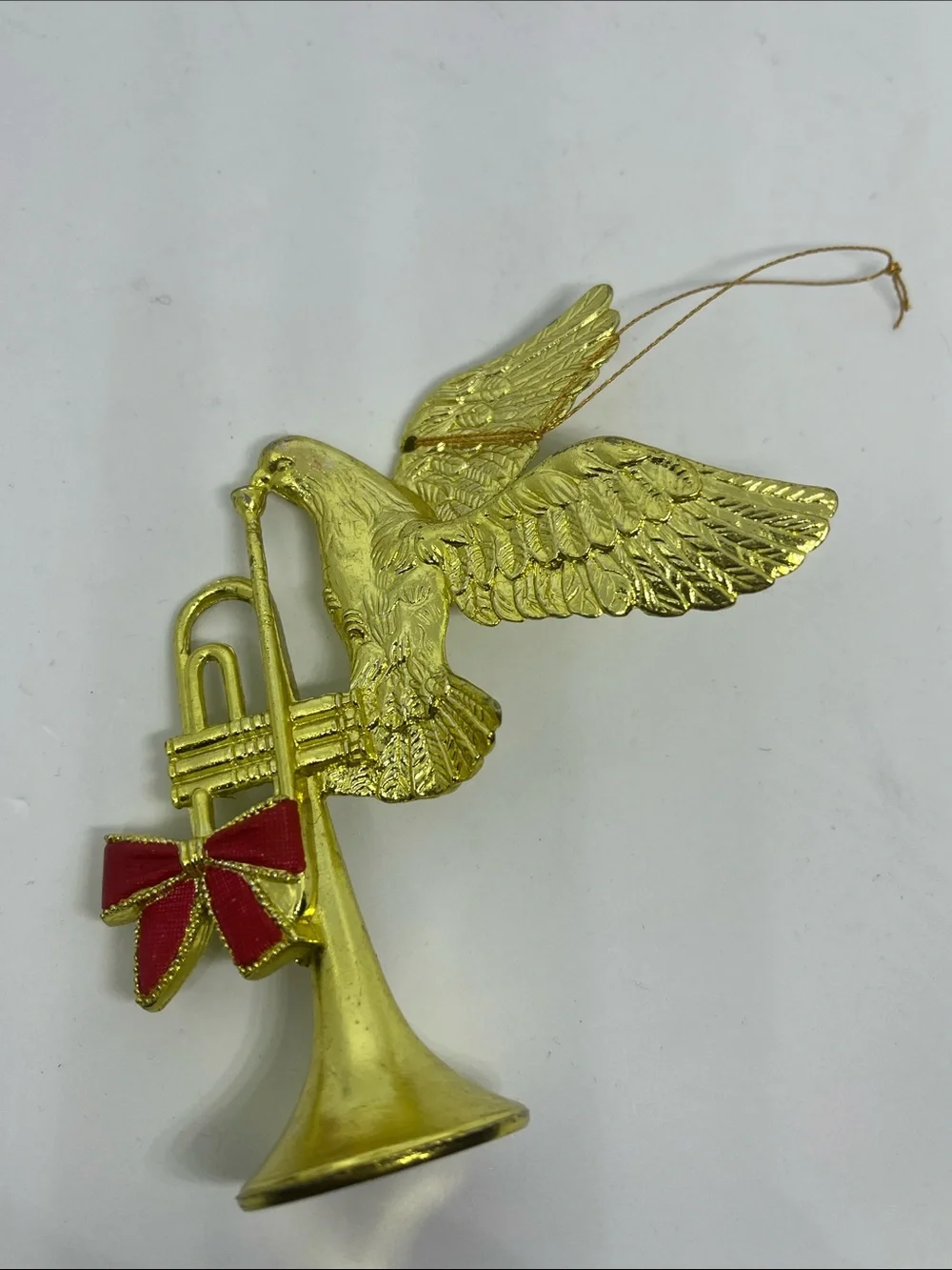 Vintage Gold Flying Dove with Trumpet Holiday Ornament with Red Bow